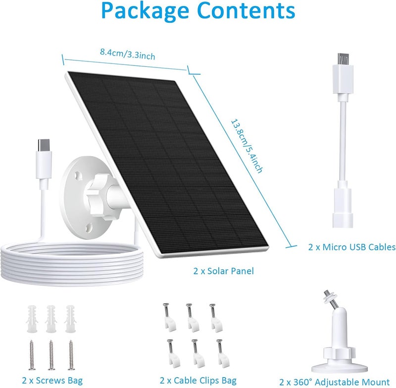 VUEBEE 2W Solar Panel for Security Camera Outdoor, USB/USB-C Charger with IP65 Waterproof, 360° Adjustable Mount & 7.2ft Cable, Compatible with Rechargeable Battery Cameras (2 Pack, White) - Image 2